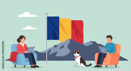 Two people work on laptops near a dog with a Romanian flag flying