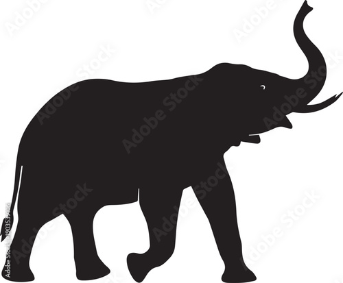 A large black silhouette of an elephant walking against a white background with its trunk raised