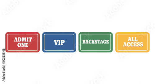 Four colorful event access badges with white borders and bold text including VIP and All Access.
