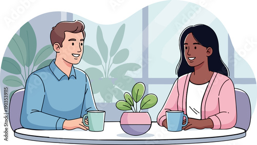 Two people, a man and a woman, smiling and talking over coffee