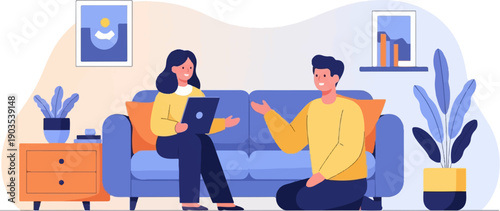 Two people, a woman with a laptop and a man, converse in a cozy living room