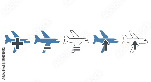 Graphic airplane icons with plus minus equals and upward arrow symbols.
