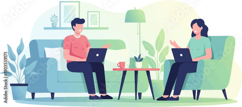 Two people work on laptops from home, relaxing on sofas in a modern living room