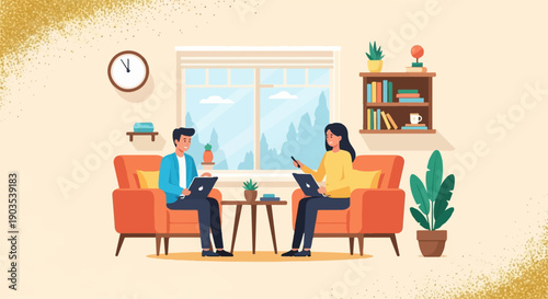 Two people work on laptops while sitting in comfortable chairs