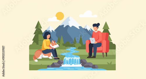 Two people and a dog by a waterfall with mountains and trees