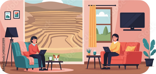 Two people work remotely in a room with a view of terraced fields and nature