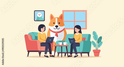 Two people and a dog work on laptops on a couch