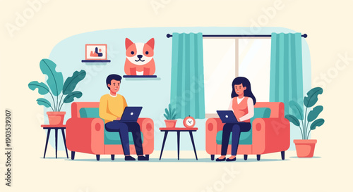 Two people and a dog sit on chairs working on laptops in a room