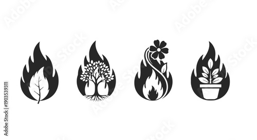 Stylized black vector icons leaf tree flower potted plant within flame shapes representing nature and fire concepts.