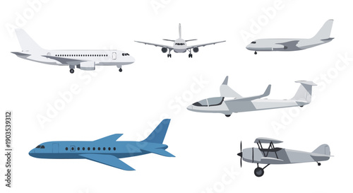 Set of six distinct vector aircraft illustrations modern passenger jets a classic biplane and a futuristic experimental design.