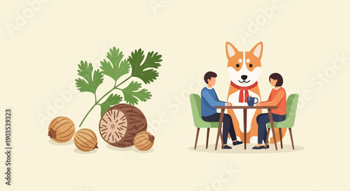 Two people and a dog sit at a table with spices and greenery