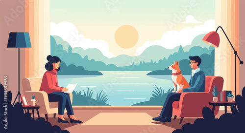 Two people and dog relax indoors with a peaceful lake and mountain view