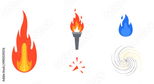 Stylized Red Orange Blue Flame Torch and Energy Swirl Icons Set.