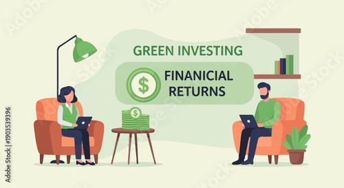 Two people are working on laptops, with green investing and financial returns depicted