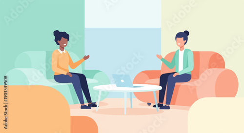 Two people conversing in a modern living room with a laptop on a table