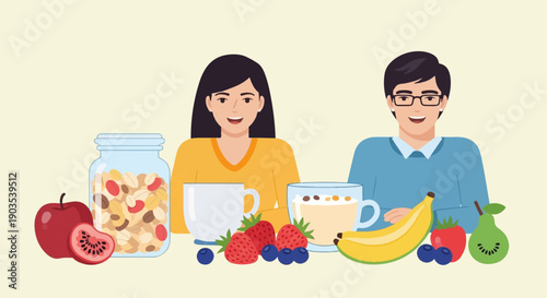Two people enjoying a healthy breakfast with fruits and cereal