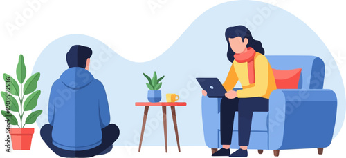 Two people in a cozy indoor setting, one on the floor, one on a sofa with a laptop