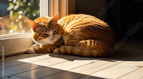 Capturing a serene moment a ginger tabby cat curls up peacefully in a beam of sunlight, finding warmth and comfort on a wooden floor, creating a cozy and inviting domestic scene by the window