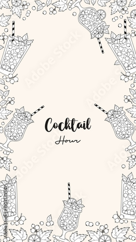 Outline Berries Drinks Poster. Refreshing  Cocktail, Lemonade in Glass with Ice Cubes, Blackcurrant, Lemon, Mint Leaves and Straw. Vertical coloring drawing template Background. Vector Illustration