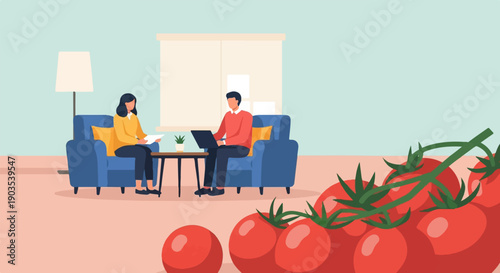 Two people in a living room with a laptop, papers and tomatoes