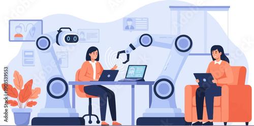 Two women interact with robotic arms and laptops in a modern office setting