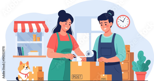 Two people packing parcels in a bright, cheerful shop with a dog