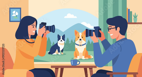 Two people photographing two dogs in a studio setting