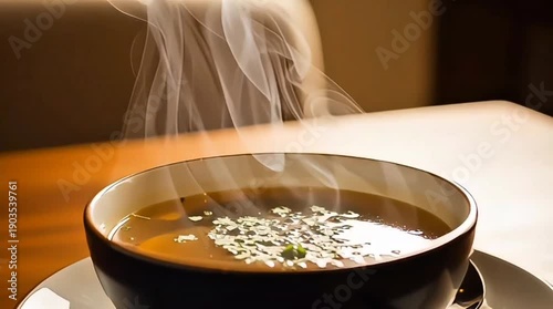 A comforting and warm bowl of steaming clear soup, garnished with delicate sesame seeds, creating an inviting and cozy culinary experience