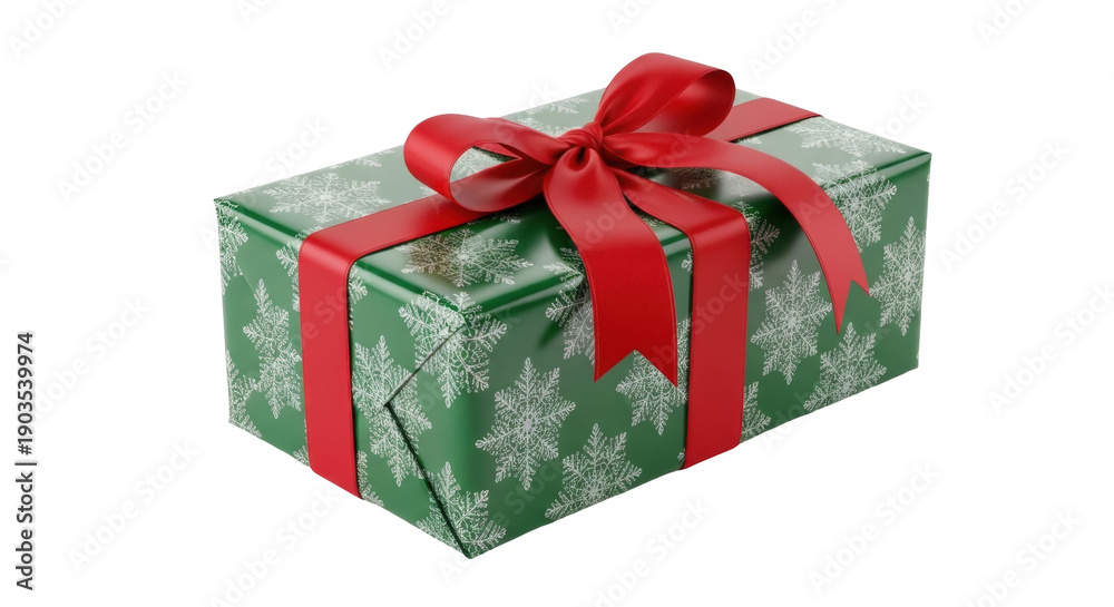 Obraz premium Green Christmas gift box with red ribbon isolated PNG, present wrapped in snowflake paper for holiday celebration and festive occasions