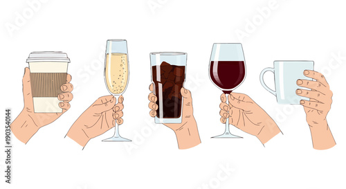 Diverse hands holding various beverages coffee cup champagne flute soda glass wine glass and ceramic mug in a vibrant cartoon style.