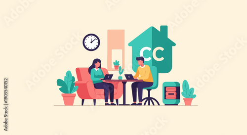 Two people work on laptops at home, with a clock and a house icon