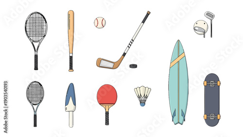 Diverse Sports Equipment Vector Illustration Set Rackets Bats Boards Balls Sticks and Paddles for Various Games.