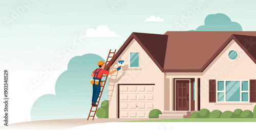Worker paints house exterior on ladder, home improvement, outdoor scene