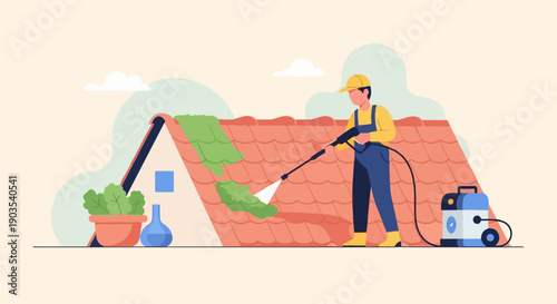 Worker pressure washes a mossy roof on a sunny day