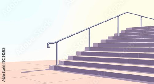 Wide outdoor staircase with a metal handrail leading upwards against a light background