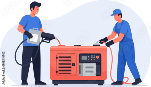 Workers refueling and connecting a generator