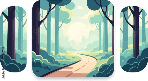 Winding path through a stylized forest bathed in soft, hazy sunlight