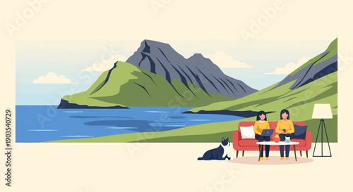 Two women on sofa with dog and laptop near water and mountains