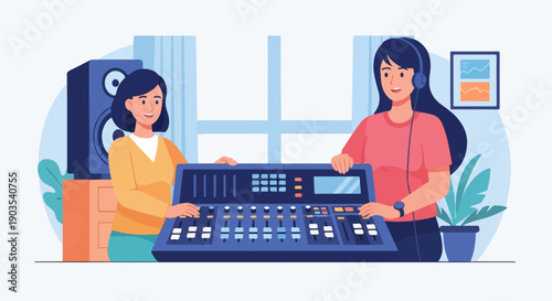 Two women operating a sound mixing board, one with headphones