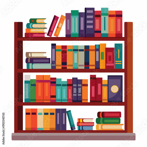 Colorful bookshelf filled with books in modern library or home office