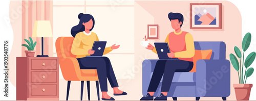 Two people working on laptops in a cozy room with plants and art