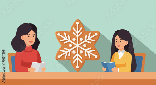 Two women reading at a table with a large snowflake cookie in the middle