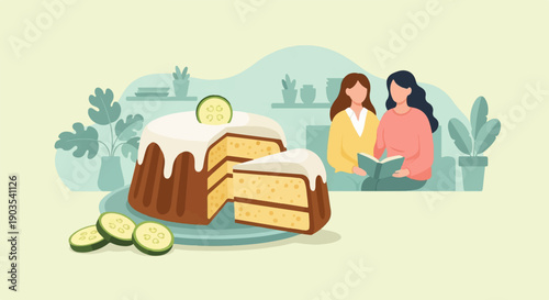 Two women reading a book near a cake with cucumber slices