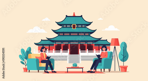 Two women relax in armchairs reading books in front of a traditional East Asian building