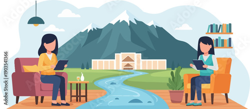 Two women relax in comfortable chairs, tablets in hand, with a river, mountains, and building backdrop