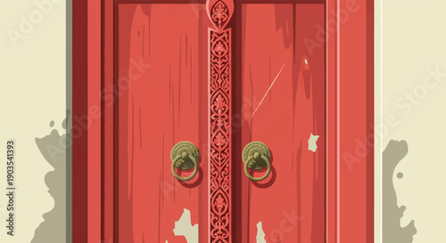 Weathered red double doors with ornate center panel and brass knockers