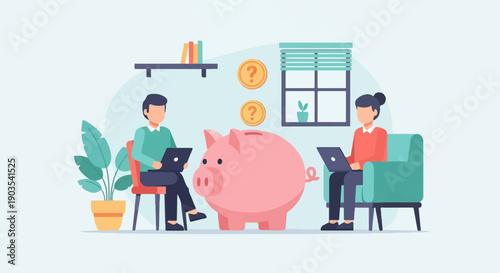 Two people working on laptops near a large piggy bank