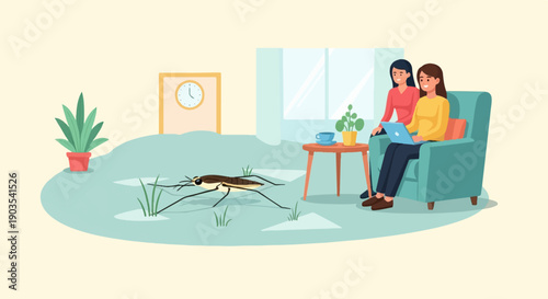 Two women relax indoors while a water strider insect walks on a wet floor