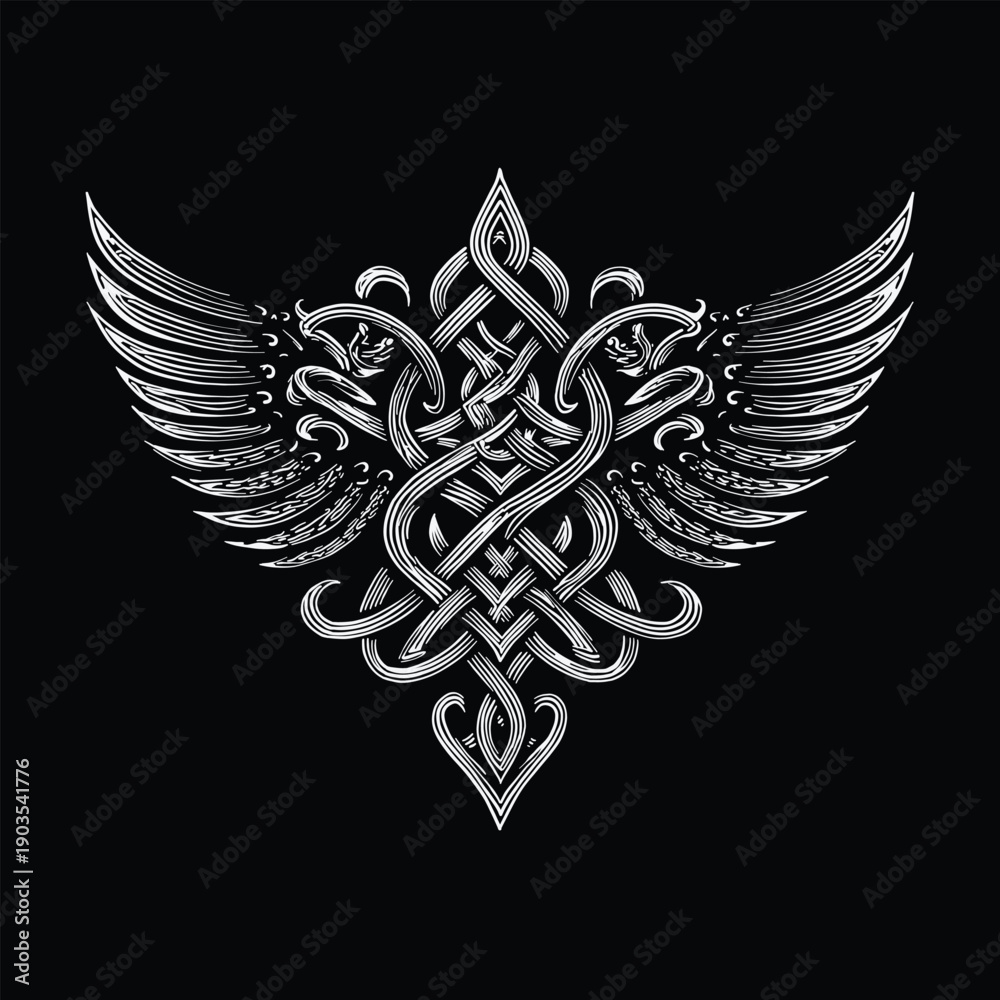 Obraz premium Detailed black and white Celtic knot illustration featuring a winged serpent symbol, inspired by ancient mythology, strength, protection and spiritual balance
