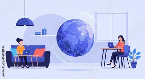 Two people working remotely from home with a large blue globe between them
